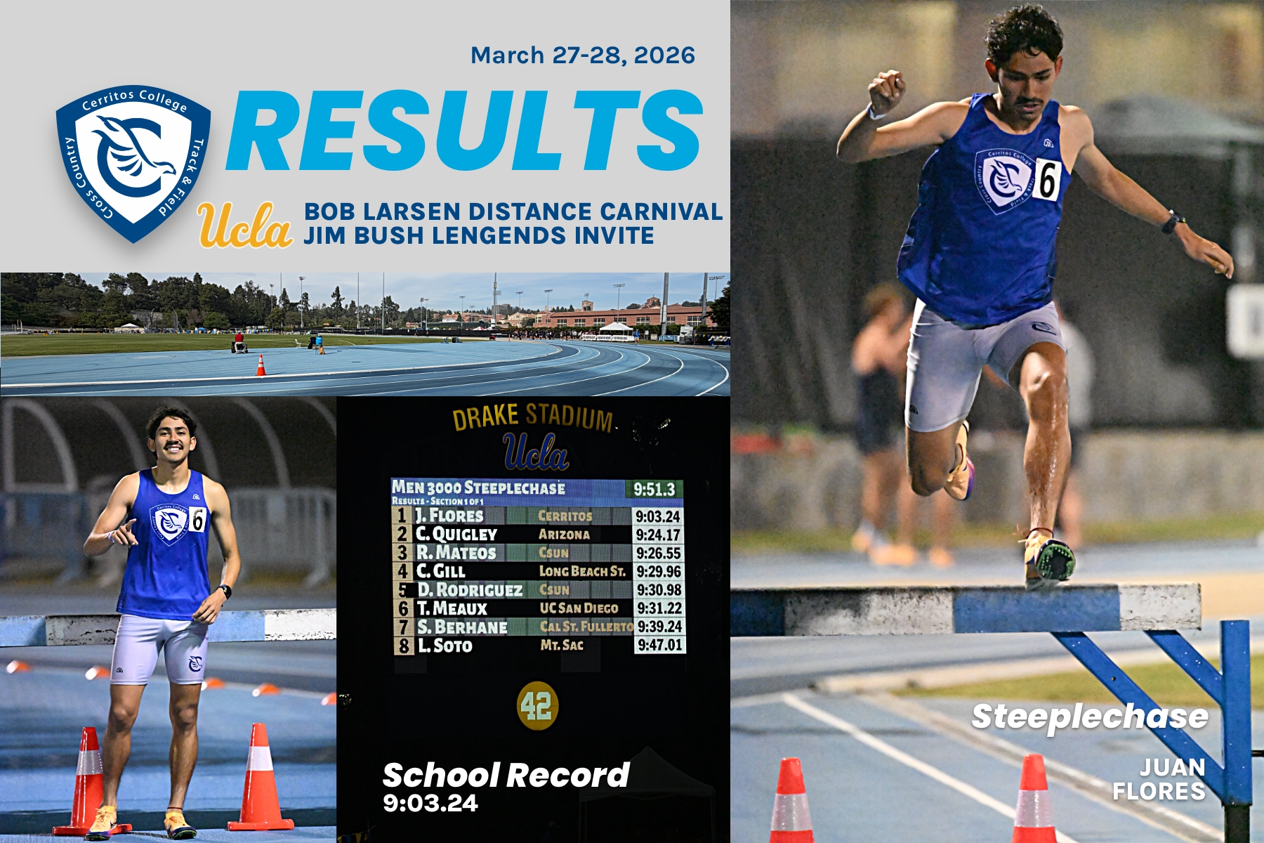 Cerritos' Juan Flores is the state leader in the 3,000 steeplechase.