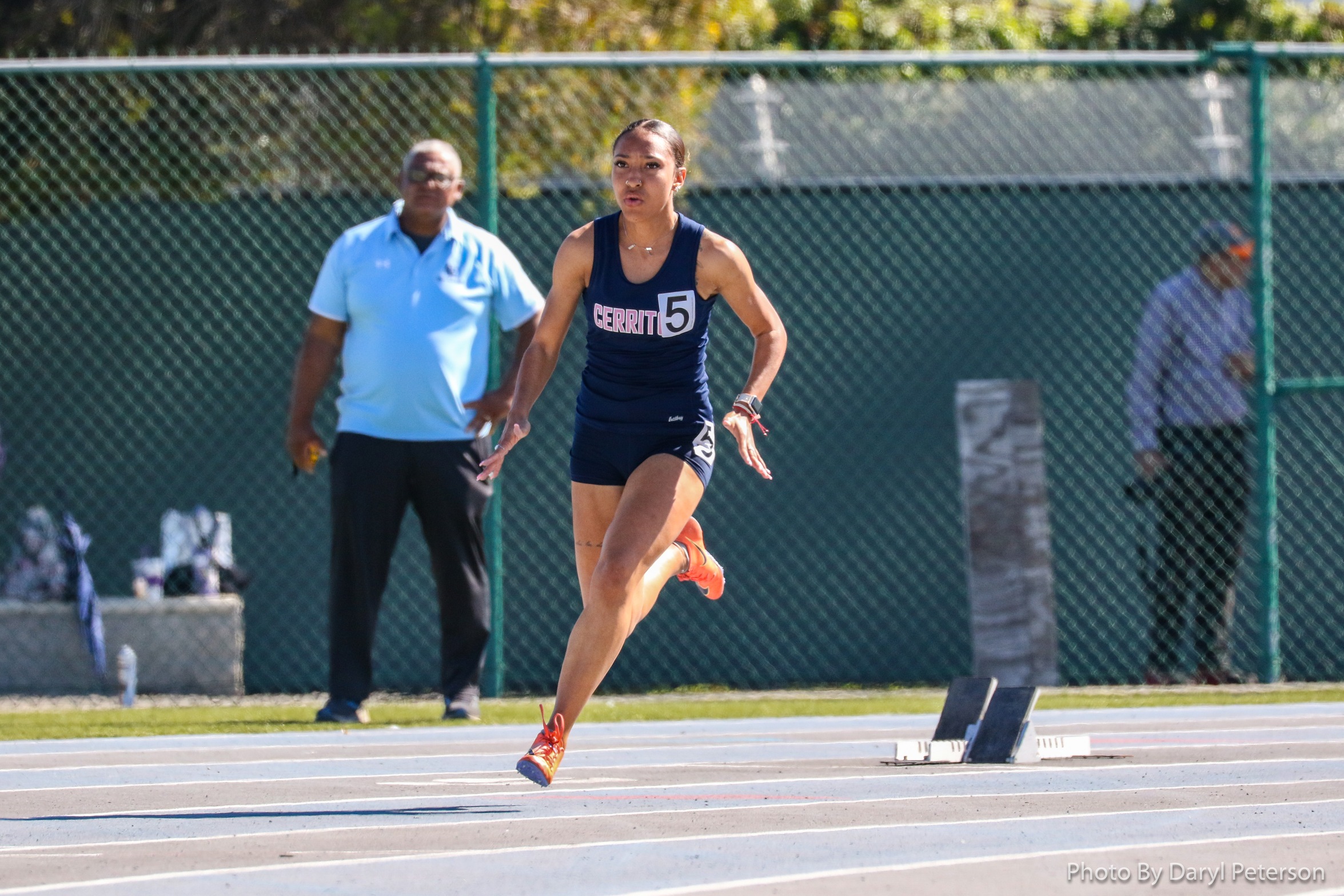 Cerritos sprinter Ariyanna Faircloth has the top SCC times in three events (photo courtesy of Daryl Peterson, Cerritos).