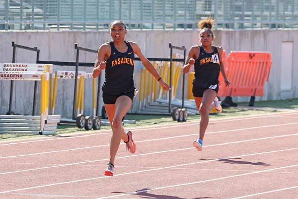 Pasadena City College sprinters Jaylin Morgan and Deniya Fieilds (right) are both leading the state in different events (photo by Richard Quinton).